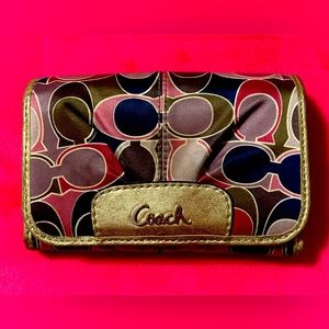 Vintage Coach compact snap wallet in well-loved condition gold, pink, blue